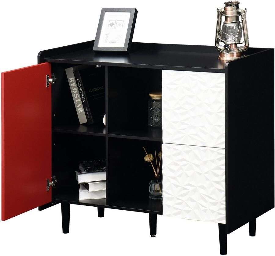 Merax Buffetkast Zwart Rood Met 2 Lades En 2 Deuren Moderne Opbergkast 90x40x80 cm Voor Keuken Of Woonkamer