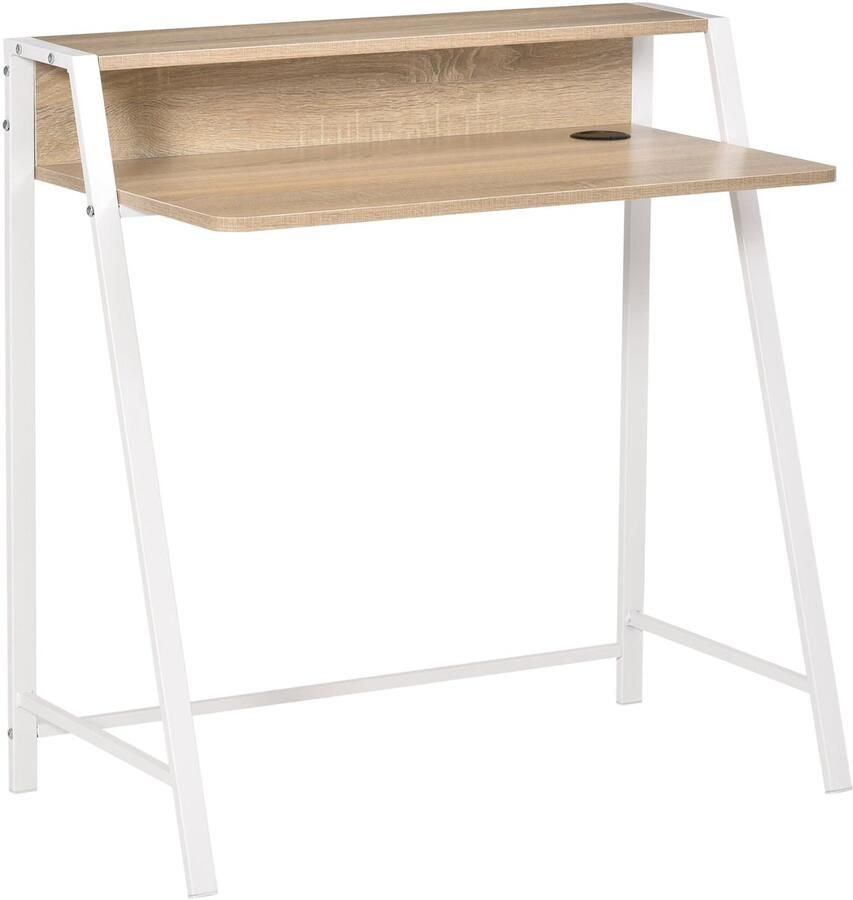Merax Bureau 84x45 cm – Compact Bureau met Opbergrek en Kabeldoorvoer – Wit Eiken Bureau voor Thuiswerken en Klein Kantoor