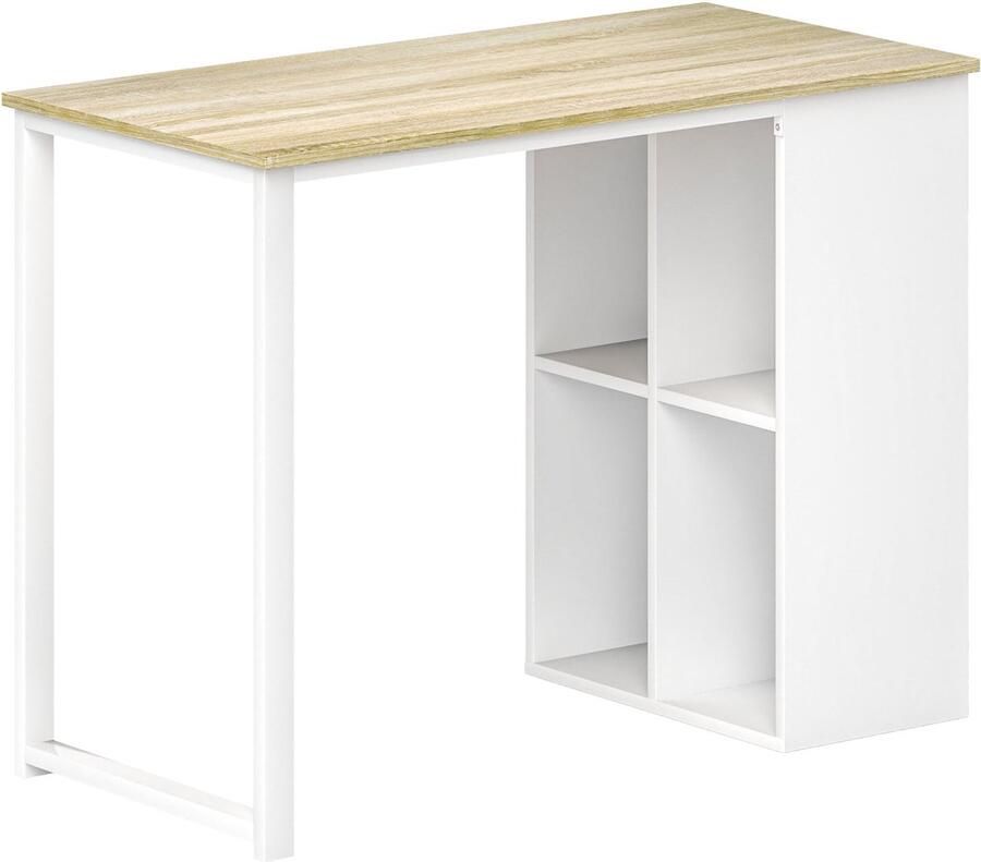 Merax Bureau Eiken 100x54 cm – Compact Bureau met Open Vakken en Stalen Frame – Thuiswerk Bureau voor Kleine Ruimte