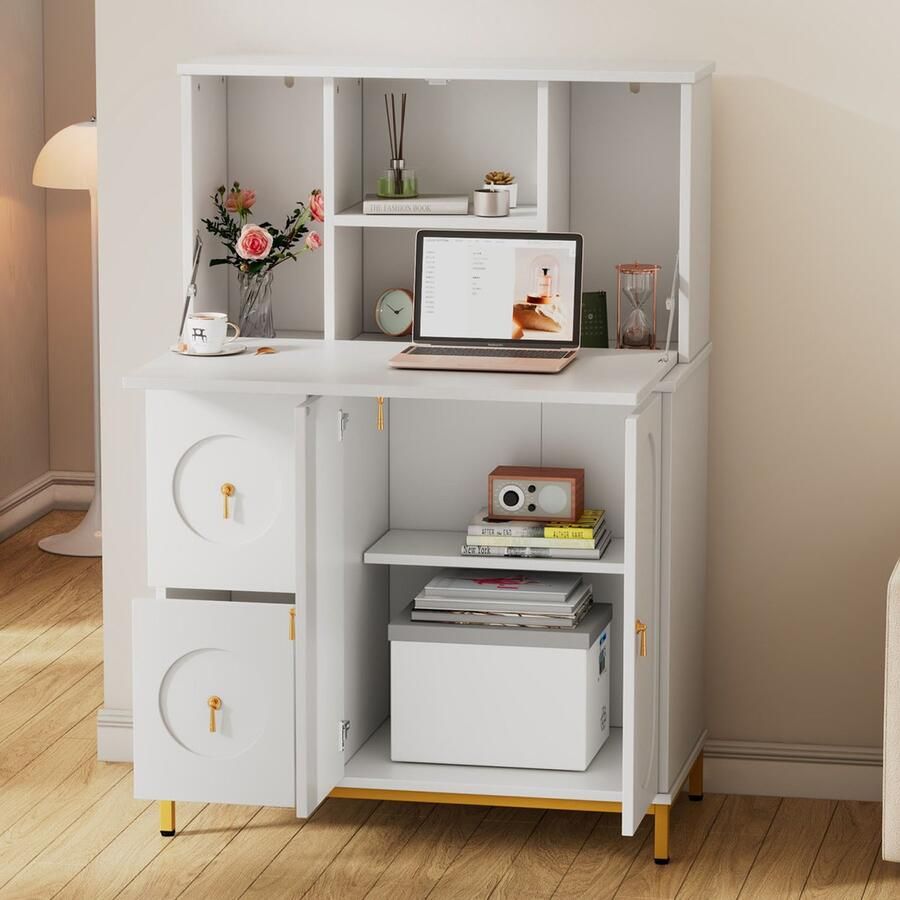 Merax Bureau met opbergruimte 150 cm hoog × 100 cm breed Wit Werkplek + kastcombinatie