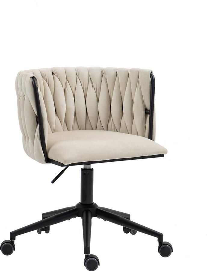 Merax Bureaustoel in Fluweel – 360° Draaibaar Hoogte Verstelbaar Ergonomisch Design Handgevlochten Rugleuning Luxe Beige