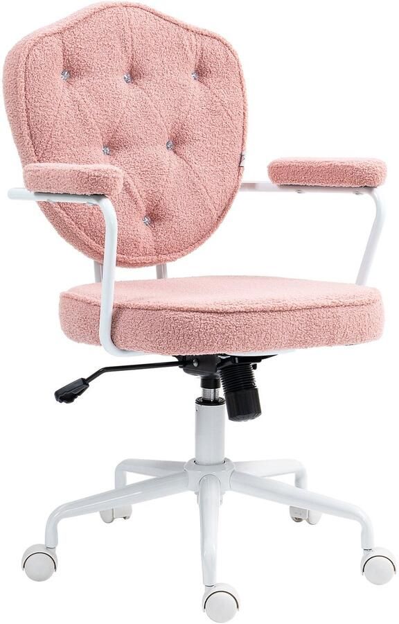 Merax Bureaustoel Roze Teddyfluweel Ergonomisch met Kippfunctie en Knopenpatroon Verstelbaar tot 120 kg voor Thuiswerk of Make-up Tafel