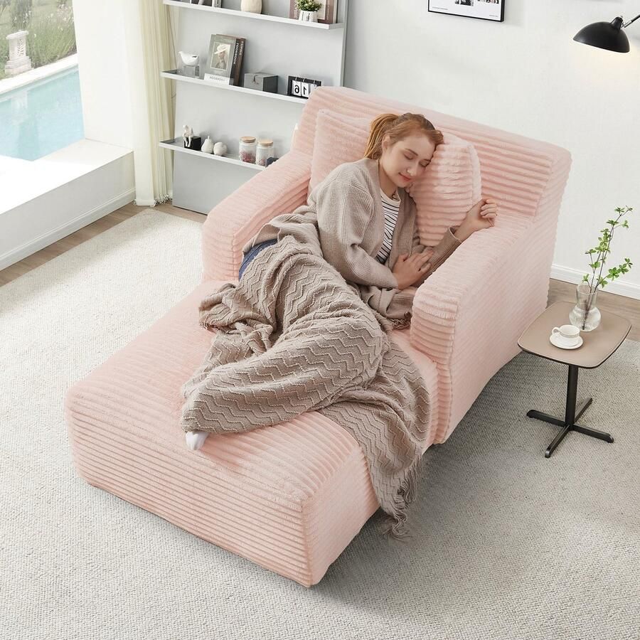 Merax Chaise Longue Bank Zachte Corduroy Fauteuil Comfortabel Lig- en Slaapmeubel zonder Montage Relaxstoel voor Woonkamer Slaapkamer of Kantoor Roze 166×100×74 cm