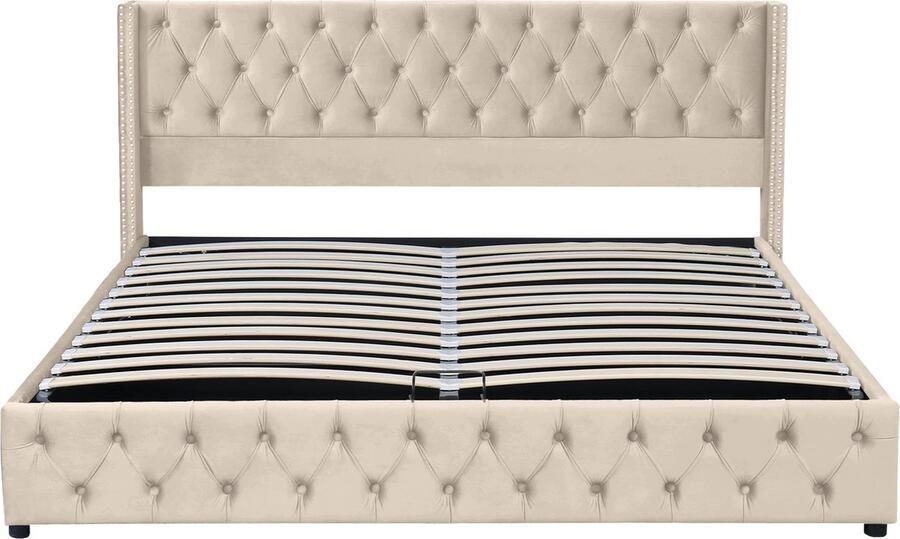 Merax Chesterfield Velvet Boxspring Bed met Opbergruimte 180x200 cm Beige