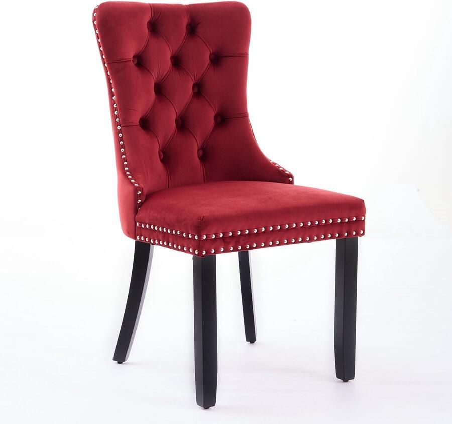 Merax Classic Velvet Eetkamerstoelen Set van 2 Luxe Fluwelen Stoelen met Hoge Rugleuning Bourgondisch Rood Massief Houten Poten Klassiek Design met Nagelstuds