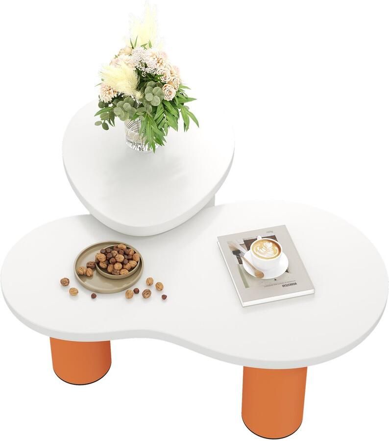 Merax Cloud & Leaf Salontafel Set – Wit en Oranje – 2-delig – Moderne Bijzettafel van MDF met PVC Poten – Design Tafelset voor Woonkamer