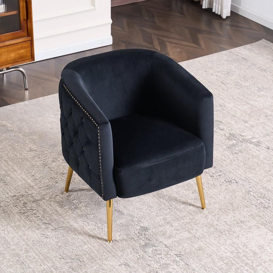 Merax comfortabele clubfauteuil Klassiek design met metalen poten en zachte fluwelen bekleding Ideaal voor woonkamer of slaapkamer Zwart