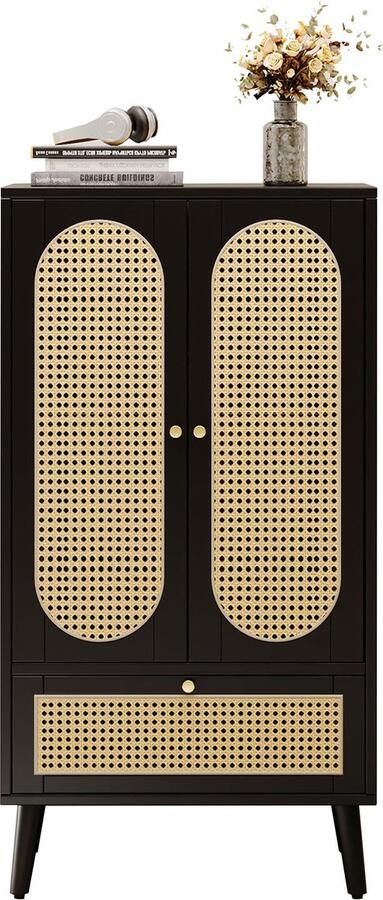 Merax Compact Dressoir (1.1m) Zwart Rattan Design met 2 Deuren en 1 Lade – Opbergkast voor Woonkamer Eetkamer of Slaapkamer