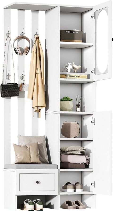 Merax Compacte Garderobekast 2 Kasten 1 Lade 10 Opbergruimtes Schoenenbank met Kussen en Kleerhaken 85x33 5x200 cm Wit