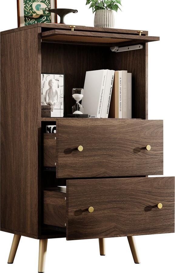 Merax Compacte Kast in Walnootlook met Rattan Details en Gouden Poten – 2 Ladeblokken en Schuifdeur – 60 x 40 x 113 cm – Stijlvolle Opbergruimte voor Modern Wonen - Foto 2