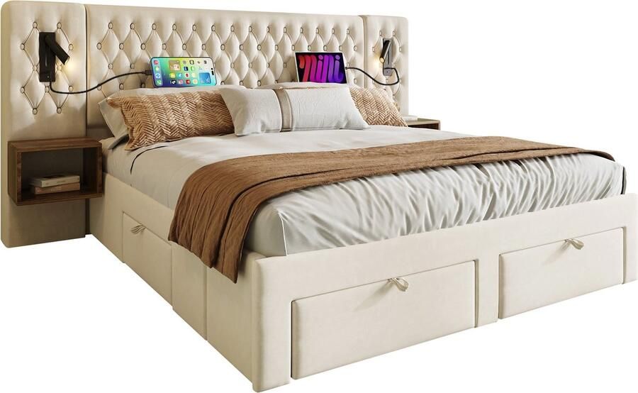Merax Compleet Bed Set 160x200 cm – Gestoffeerd Bed met 2 Nachttafels 4 Lades Leeslampen met USB-oplaadfunctie Beige Fluweel (Inclusief Matras)