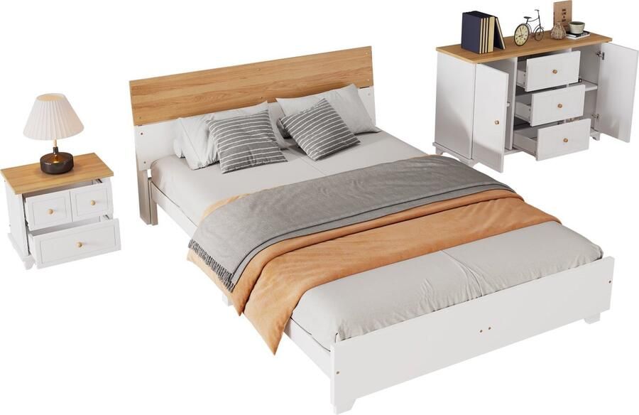 Merax Compleet Slaapkamer Set 3-delig Modern Tweepersoonsbed 160x200 cm Nachtkastje met 2 Lades en 3-lades Commode met 2 Deuren in Wit en Naturel Hout
