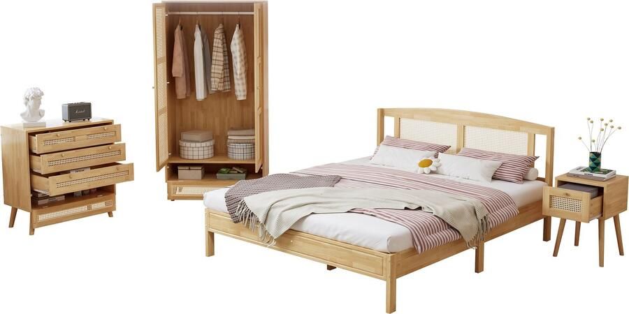 Merax [ niet compleet] Komplettschlafzimmer Set 4-tlg. modernes Rattanbett+Nachttisch+Kommode+Kleiderschrank 160x200cm Doppelbett Kiefer+Spanplatten+PE-rotan Natur