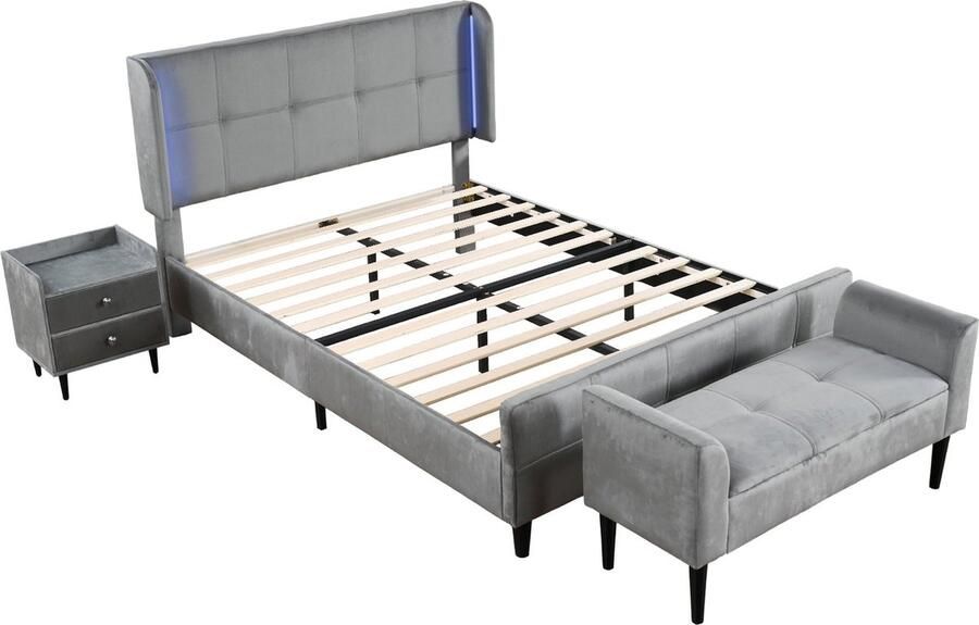 Merax Compleet Slaapkamer Set – Modern Gestoffeerd Bed met 16-Kleuren LED-verlichting 1 Nachtkastje en Bedbank 140x200 cm Grijs Fluweel