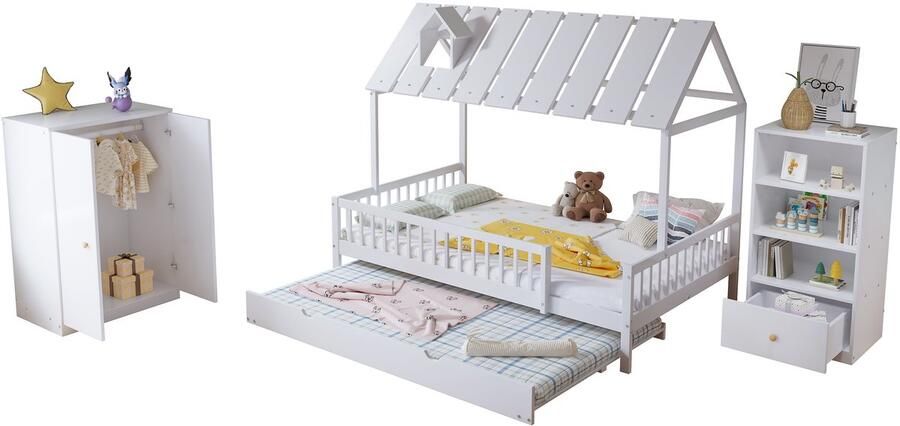 Merax Complete Kinderkamer Set – 3-delig – Huisbed met Uitschuifbed – Kledingkast – Boekenkast – 120x200 190 cm – Massief Hout & MDF – Wit