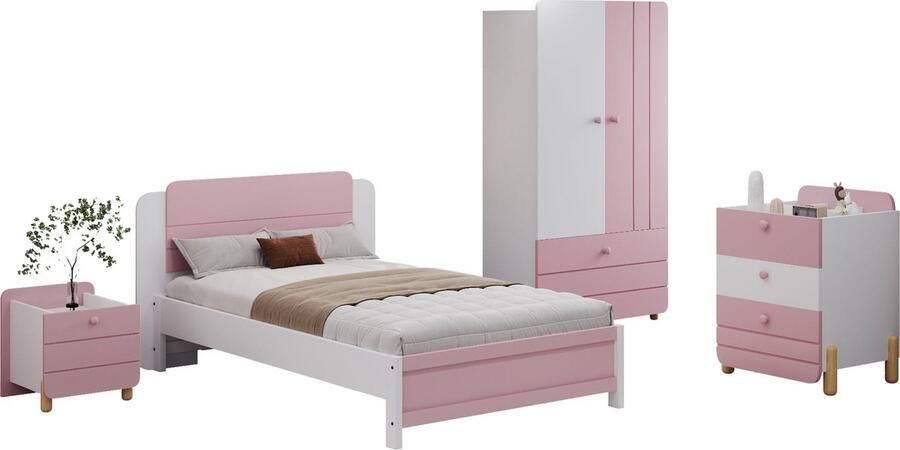 Merax 4-delige Complete Slaapkamer Set Massief Kinderbed 90x200 cm Nachtkastje Ladekast Kledingkast Ideaal voor een Kinderkamer Modern Minimalistisch Design Roze