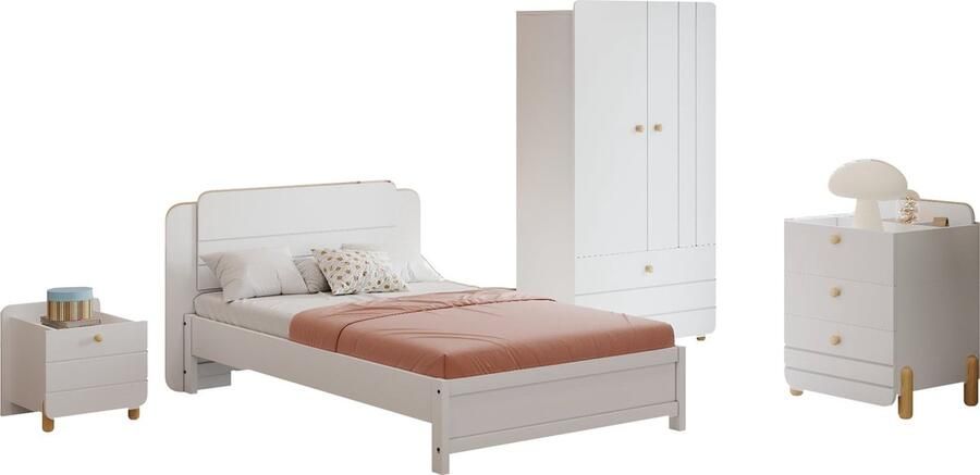 Merax Complete Slaapkamer Set 4-delig Minimalistisch Kinderbed 90x200 cm Nachtkastje Ladekast en Kledingkast Ideaal voor Kinderkamer Modern Minimalistisch Design Wit