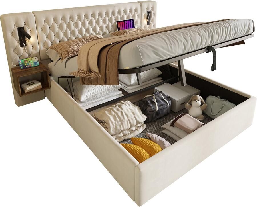Merax Complete Slaapkamer Set Gestoffeerd Bed 160x200 cm Hydraulisch Opbergbed met 2 Nachtkastjes Hoofdbord met Leeslamp en USB Type-C Oplaadfunctie Inclusief Matras Beige Fluweel