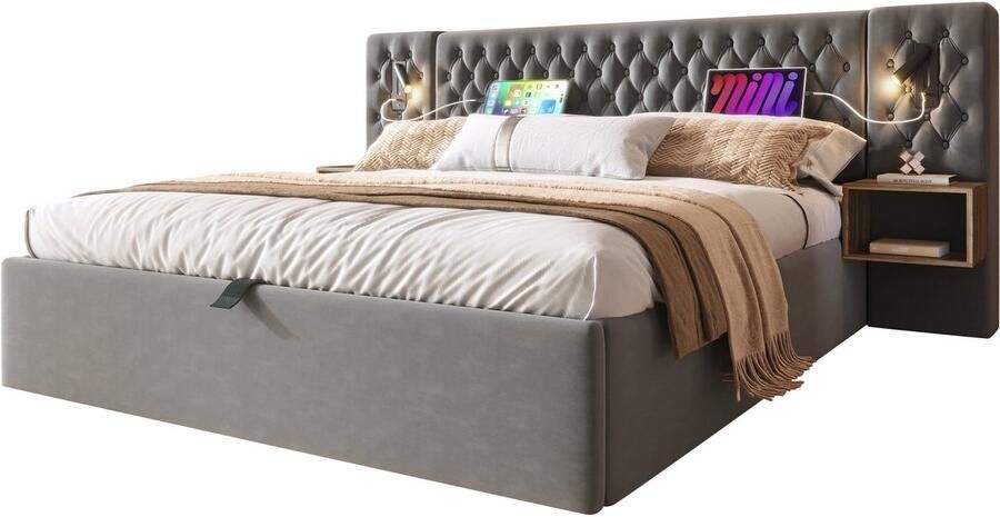 Merax Complete Slaapkamer Set – Gestoffeerd Bed met Opbergruimte 160x200 cm Luxe Fluwelen Bed met Hydraulisch Opslagsysteem 2 Nachtkastjes LED Leeslamp met USB-lader Inclusief Matras – Grijs
