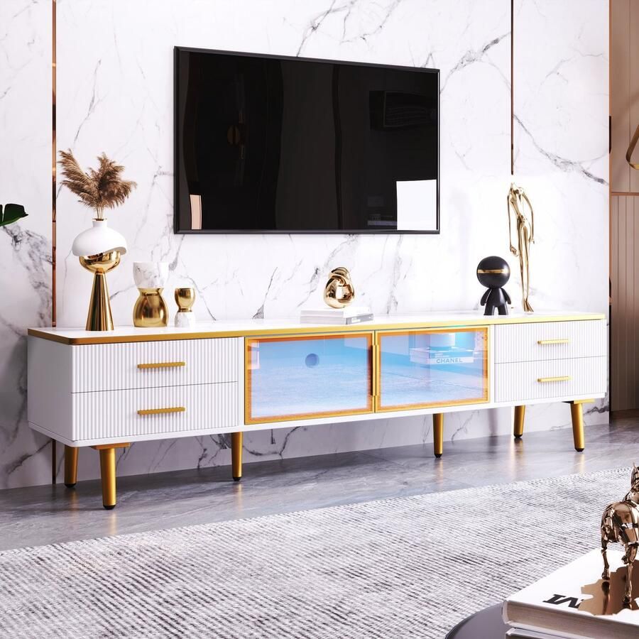 Merax Salontafel en TV Meubel Set Marmerlook – Luxe Woonkamer Meubels met LED-Verlichting – Gouden Accenten en Gehard Glas – Wit – 2-delig - Foto 3