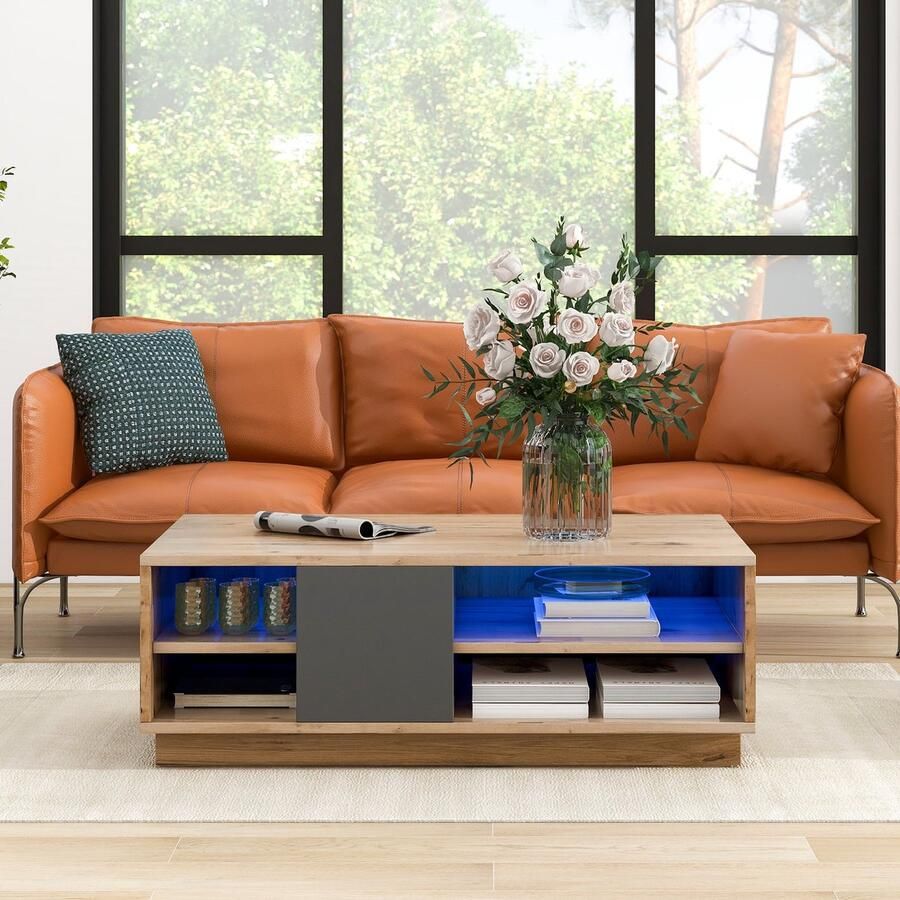 Merax Couchtisch Kaffeetisch Couchtisch mit LED-Beleuchtung inkl. Fernbedienung Wohnzimmertisch in altholzoptik Beistelltisch mit großem Stauraum Log Style Couchtisch