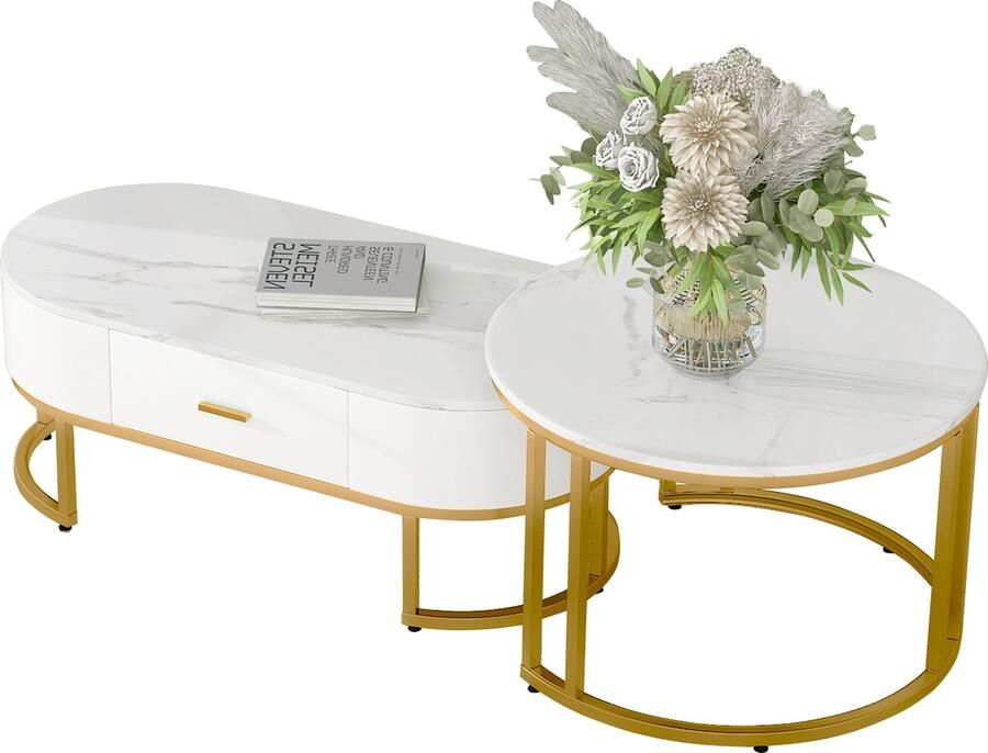 Merax Salontafel Set van 2 Marmerlook Salontafels met Metalen Onderstel Moderne Woonkamertafels Luxe Hoogglans Bijzettafels Wit met Goud