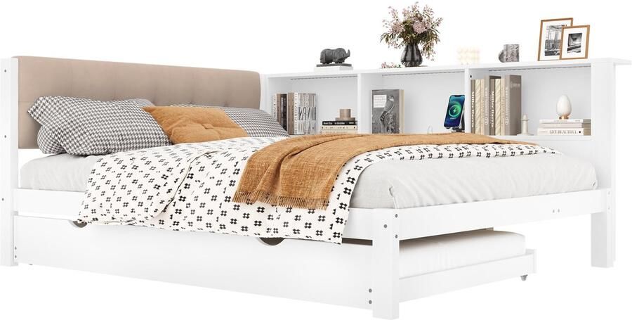 Merax Tweepersoonsbed 140x200 met Uitschuifbaar Logeerbed 90x190 – LED-verlichting – USB-aansluiting – Boekenplanken – Wit - Foto 2