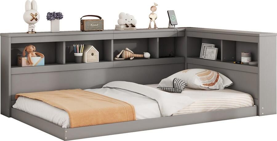 Merax Daybed 90x200 cm Slaapbank Bedbank met USB en Stopcontact Inclusief Lattenbodem Zonder Matras Grijs