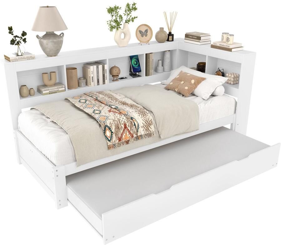 Merax Daybed 90x200 cm – Slaapbank en Uitklapbaar Logeerbed Met Stopcontact en 2 USB-poorten Houten Bedframe met 2 Lades en Opbergvakken Wit Zonder Matras