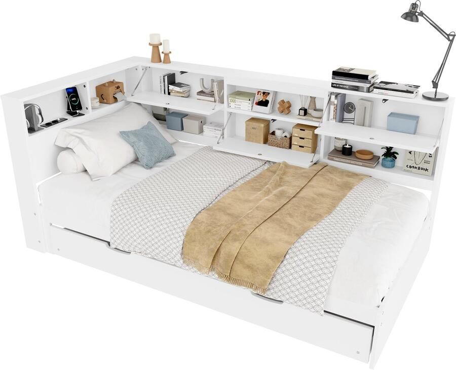Merax Daybed Slaapbank 90x200 cm met Opbergruimte en Uitschuifbaar Logeerbed – Wit (Zonder Matras) - Foto 2