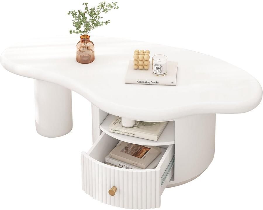 Merax Design Salontafel in Wolkvorm – 110x60x37 5 cm – MDF – Met Lade & Filtonderzetters – Creatieve Witte Bijzettafel