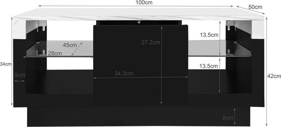 Merax Design Salontafel met Witte Marmerlook en Zwarte Hoogglans – Bijzettafel met Glas en LED