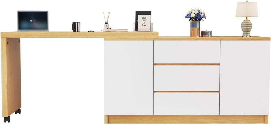 Merax Draaibaar Bureau 120x50 cm 3 Lades en Kast – 360° Verschuifbaar Tafelblad op Wielen met Rem – Wit met Eiken Bruin