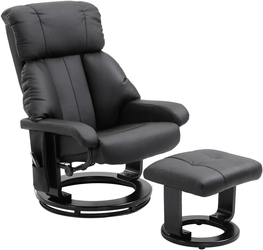 Merax Draaibaar Relaxfauteuil met Hocker – Massagestoel met 10 Vibratiepunten via Afstandsbediening en Handmatig Verstelbare Rugleuning – Kunstleer Zwart