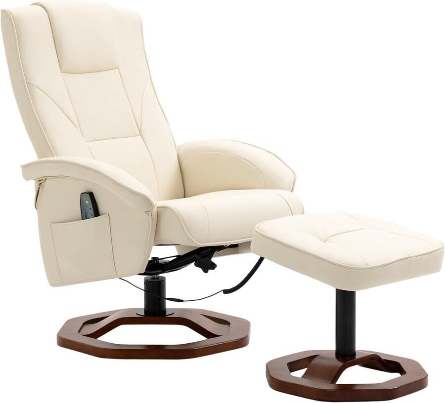 Merax Draaibaar Relaxfauteuil met Voetenbank – Luxe Relaxstoel met Hocker – Kunstleer Crème Wit met Bruin Onderstel – Massagestoel met 10 Massagepunten via Afstandsbediening