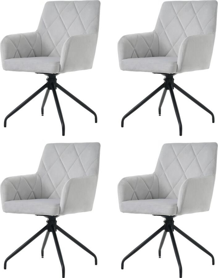 Merax Set van 4 360° Draaiende Eetkamerstoelen met Ruitpatroon Gepolsterde Stoelen met 4 Metalen Poten Moderne Lounge Stoel Comfortabel voor Woonkamer Slaapkamer en Thuiswerkplek Grijs Velvet