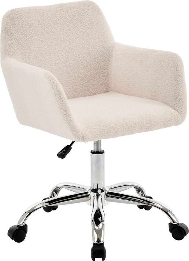 Merax Draaibare Fauteuil – Verstelbare Witte Stoel met Zachte Kunstbont Bekleding – Compacte Bureaustoel en Kaptafelstoel