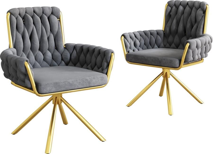 Merax Luxe Draaibare Fluwelen Eetkamerstoelen Set van 2 – Grijze Fauteuils voor Woon en Slaapkamer met 360° Draaisysteem en Stabiele Metalen Poten