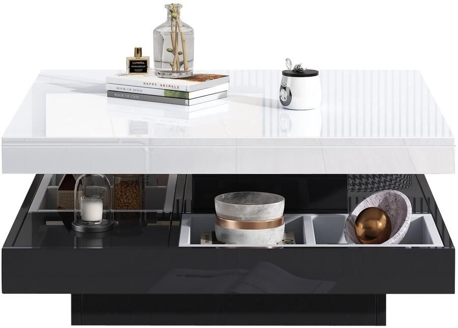 Merax Draaibare Salontafel – 360° Roterend – 2-Lagen – Wit met Zwart Onderstel – Hoogglans Tafelblad – Met Opbergruimte – 70x70x36 cm