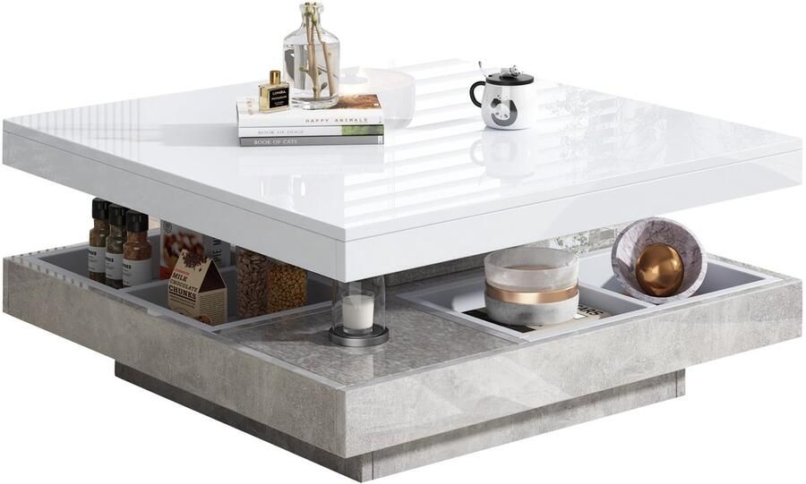 Merax Draaibare Dubbele Salontafel – 70x70x36 cm – Hoogglans Wit & Marmerlook – 360° Roterende Tafelbladen met Opbergruimte – Modern & Multifunctioneel Design