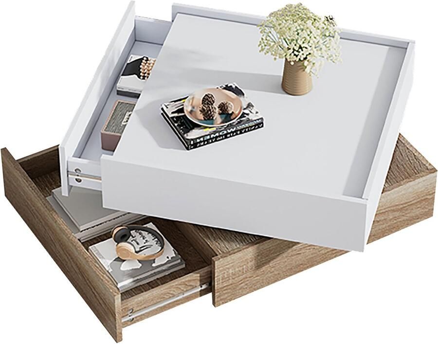 Merax Draaibare Salontafel met Opbergruimte Witte Koffietafel met Walnoot Frame 60x60x38 cm Vierkante Bijzettafel met 360 Graden Draaiblad Moderne Tafels Woonkamer