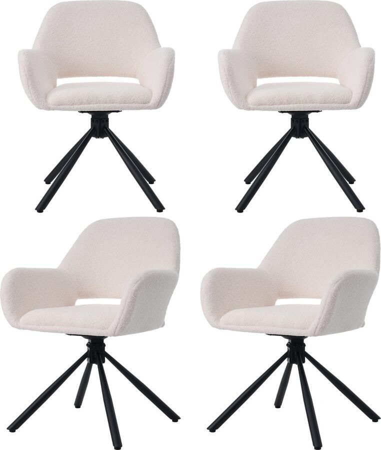 Merax Draaibare Sherpa Eetkamerstoelen Set van 4 – Met Armleuningen – Modern & Eenvoudig Design – Wit