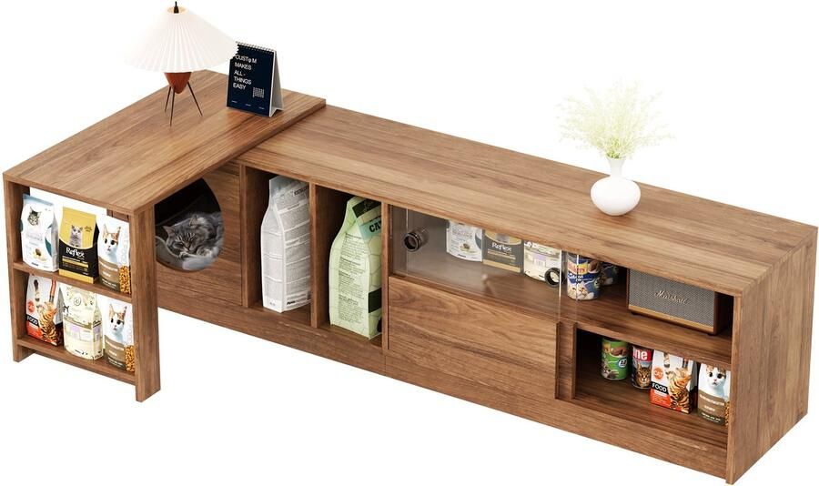 Merax Draaibare TV-Meubel 180–260 cm in Notenhout – Uitschuifbaar TV-Meubel met Glazen Deuren en Kattenruimte – Moderne TV-Kast met Opbergruimte Geschikt tot 70 inch TV