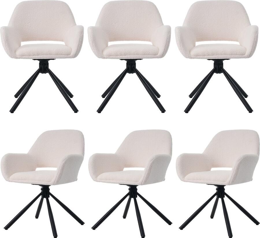 Merax Draaibare Eetkamerstoelen Set van 6 – Luxe Sherpa-Stof met Armleuningen – Modern Design – Wit