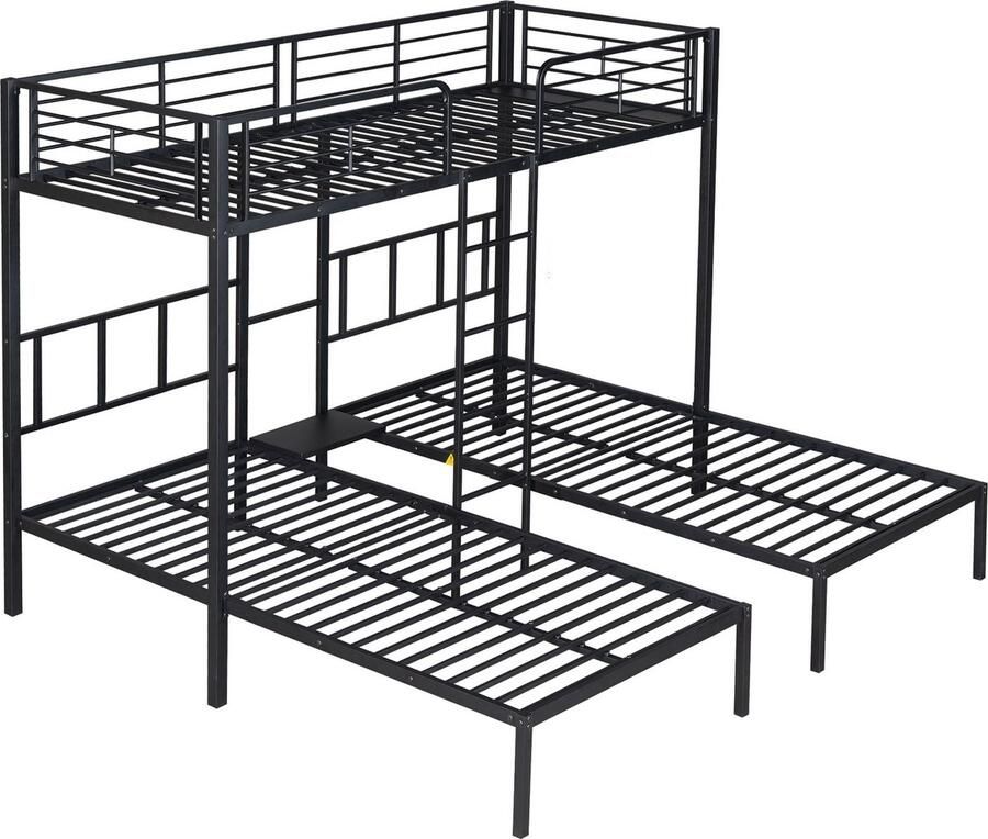 Merax Driepersoons Stapelbed 90x200 cm Zwart Etagenbed met Ladder Tafeltje en Veiligheidshekje Ruim en Praktisch Ontwerp