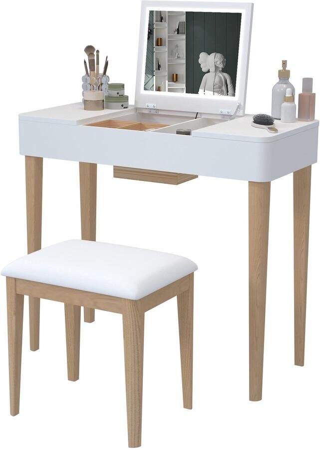 Merax Kaptafel met Spiegel en Verlichting – Make Up Bureau met Opbergruimte en Massief Houten Poten – Moderne Make-uptafel met HD Klapspiegel Wit