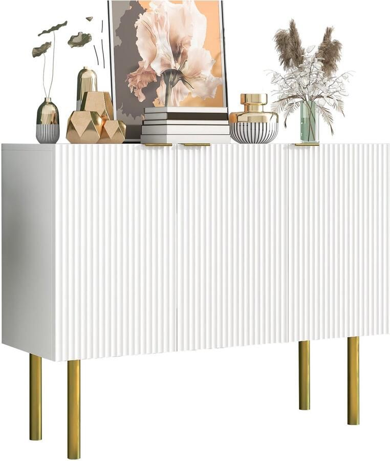 Merax Dressoir 120 cm Breed Moderne Opbergkast met 3 Deuren en Verstelbare Legplanken Wit met Gouden Poten Buffetkast voor Woonkamer Hal of Keuken
