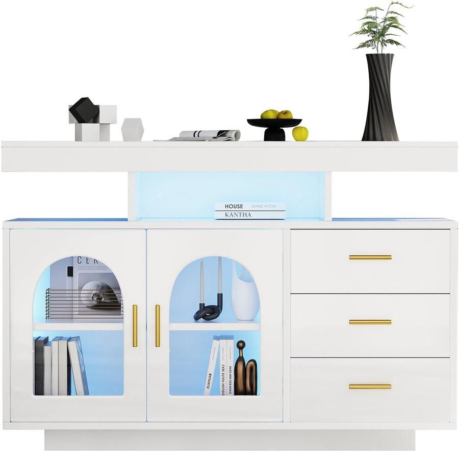 Merax Sideboard met LED Verlichting 120 cm Koffie Kast met Glanzende Afwerking en 16 Kleuren Verlichting voor de Eetkamer Wit