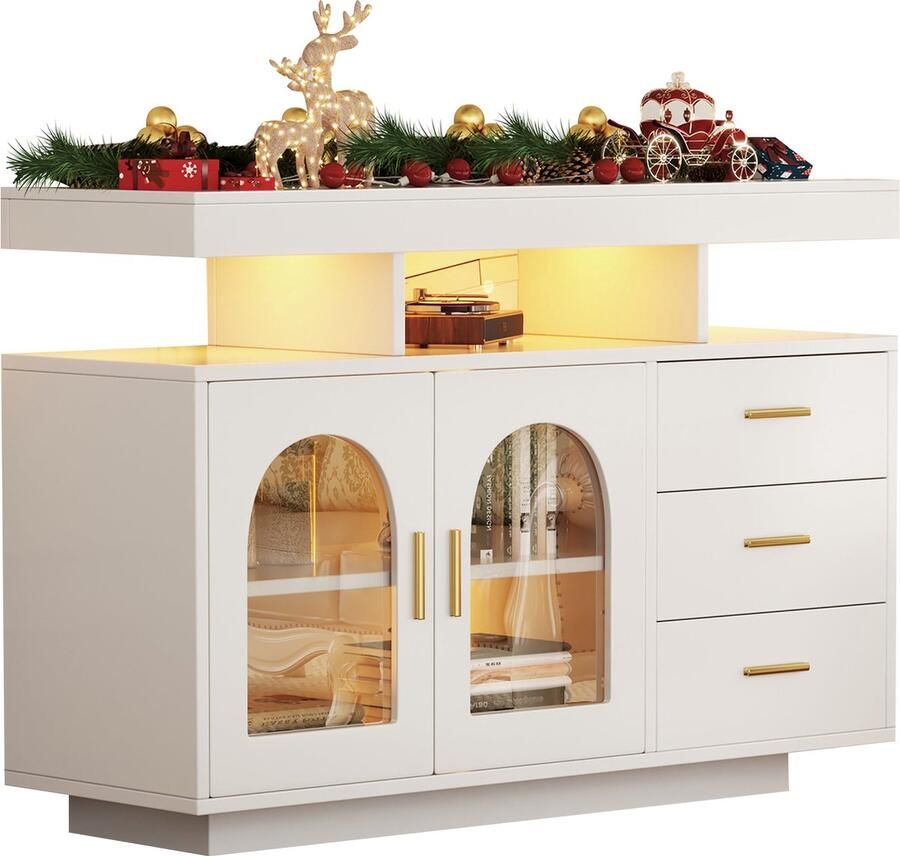 Merax Sideboard met LED Verlichting 120 cm Koffie Kast met Glanzende Afwerking en 16 Kleuren Verlichting voor de Eetkamer Wit - Foto 2