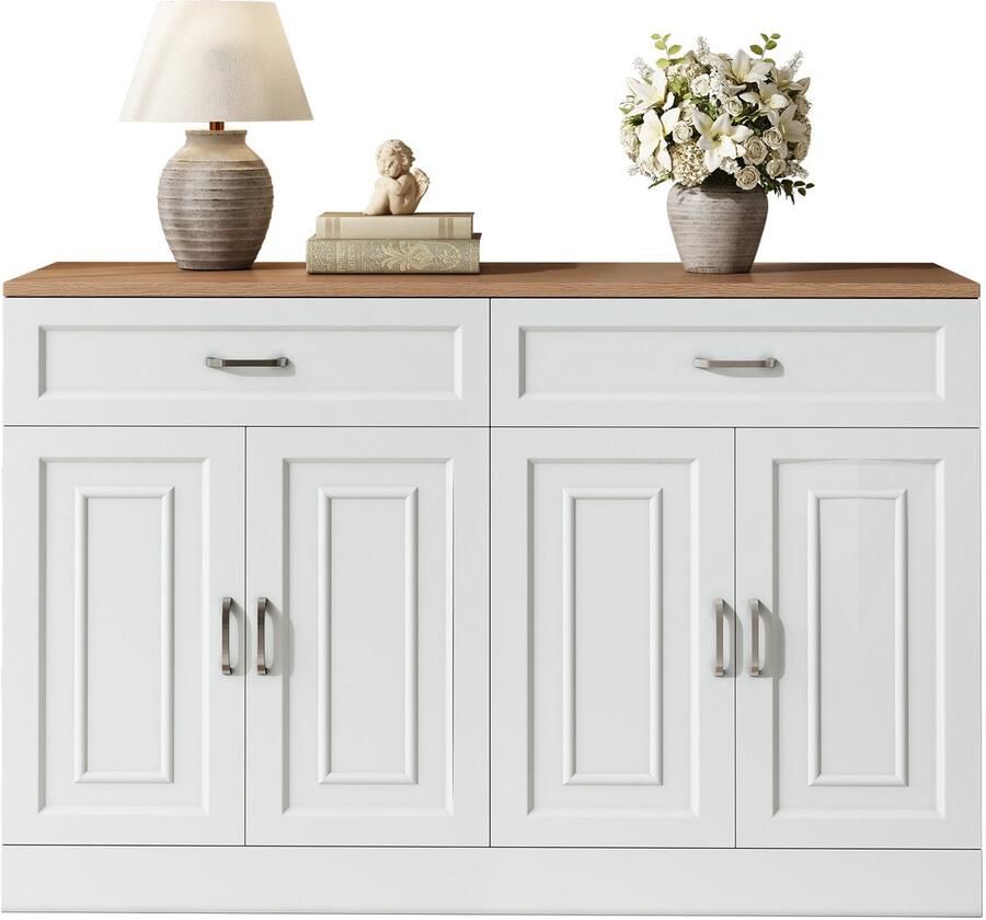 Merax Sideboard 120 cm – Dressoir met 4 Deuren en 2 Lades – Opbergkast met Verstelbare Planken en Soft-Close – Wit met Houtlook